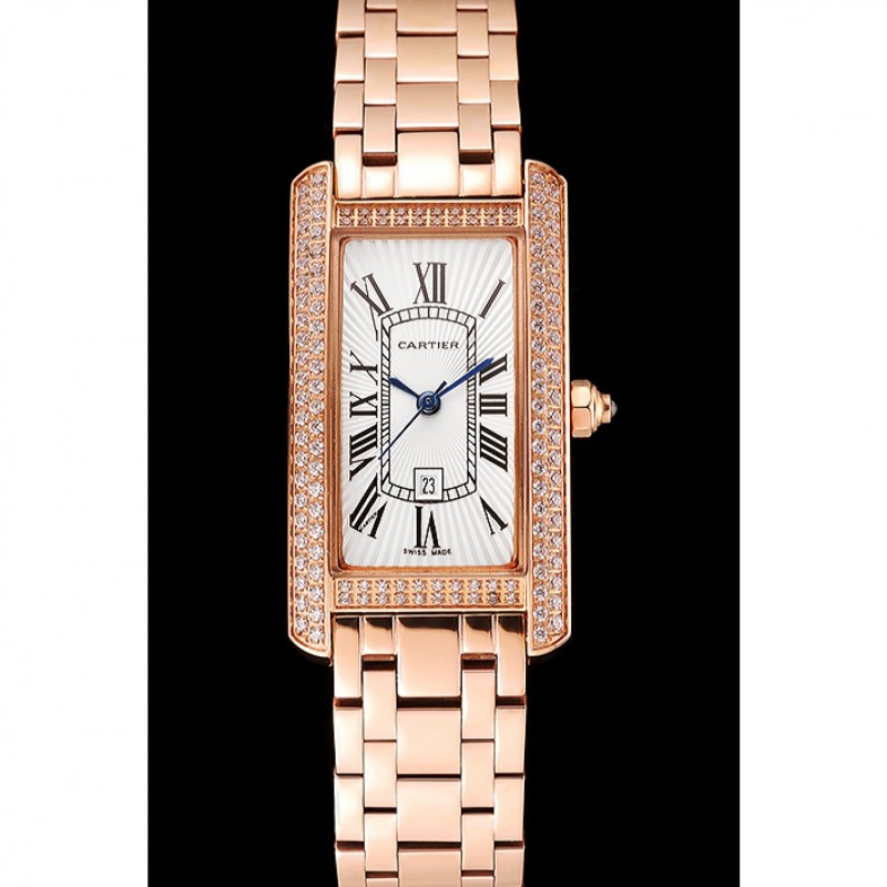 Cartier Tank Americaine White Dial Diamond Bezel Rose Gold Case And Bracelet 1453779-1