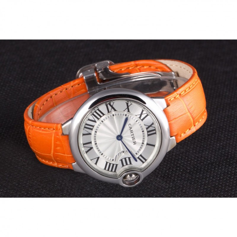 Cartier Ballon Bleu Silver Bezel with White Dial and Orange Leather Band 621550-3