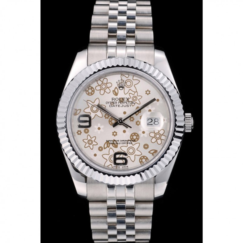 Best Replica Watches Rolex Swiss DateJust Stainless Steel Ribbed Bezel Flower Silver Dial 42001-1