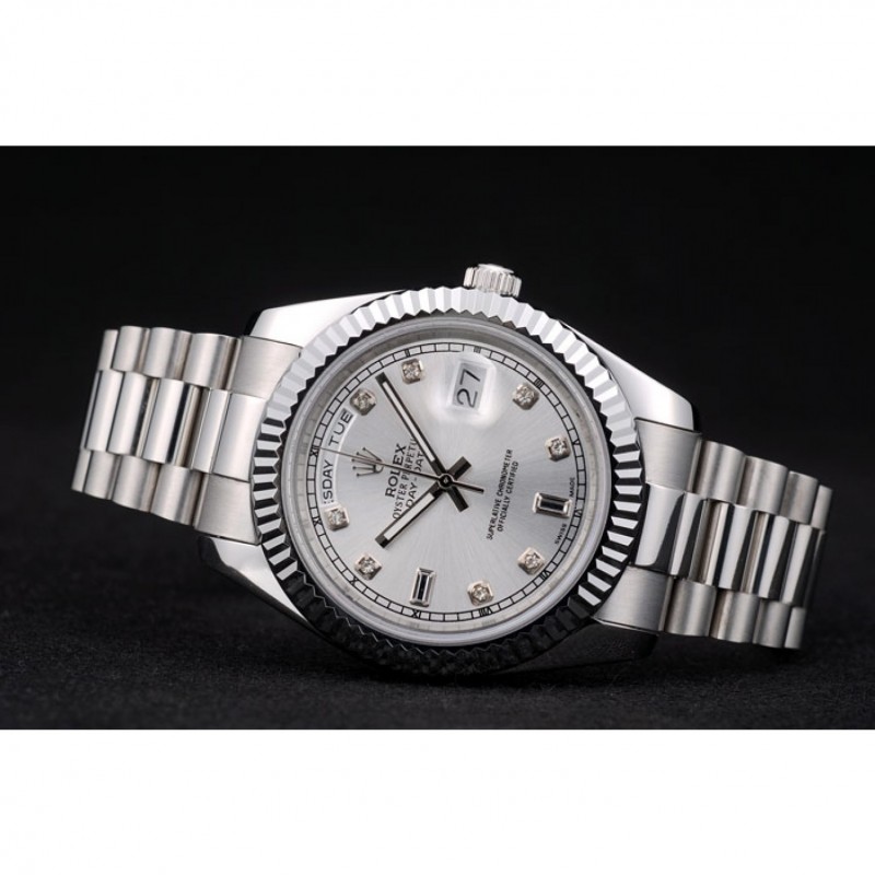 High Quality Replica Watches Rolex Swiss DayDate Stainless Steel Ribbed Bezel Silver Dial 41995-4