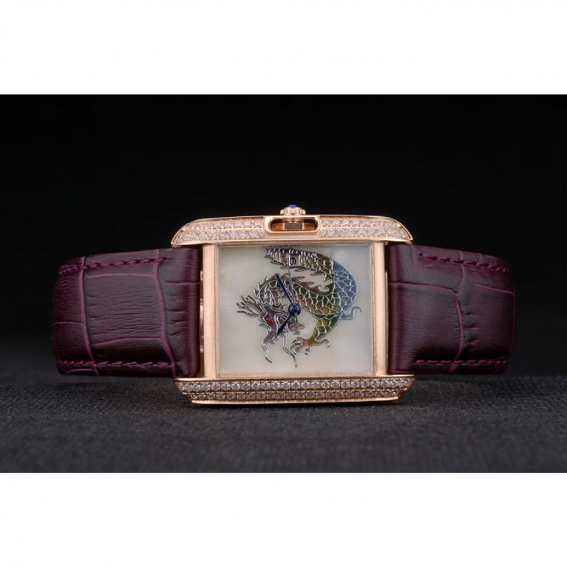 Cartier Tank Anglaise White Dragon Dial Diamonds Gold Case Purple Leather Bracelet-4