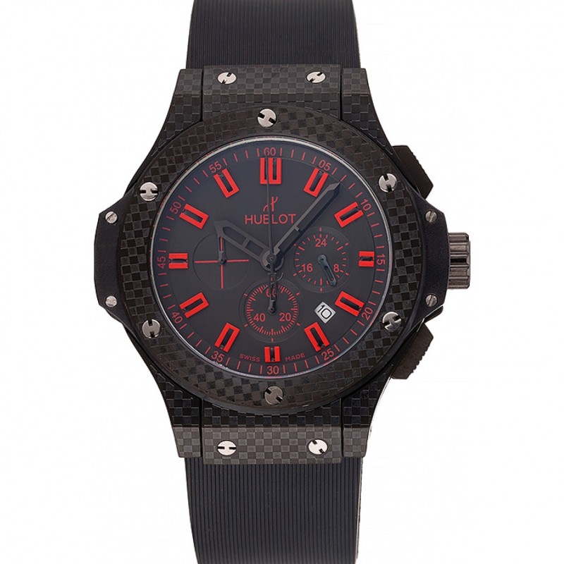 High Quality Replica Watches Hublot Big Bang Carbon Dial With Red Markings Carbon Case And Bezel Black Rubber Strap 622775-0