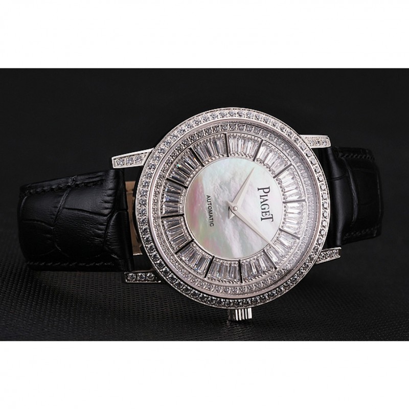 Swiss Piaget Altiplano Diamond Set Stainless Steel Case And Pearl Dial Black Leather Strap 1453746-4