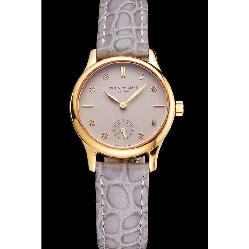 Patek Philippe Calatrava Gray Dial Diamond Markings Gold Case Gray Leather Strap-1