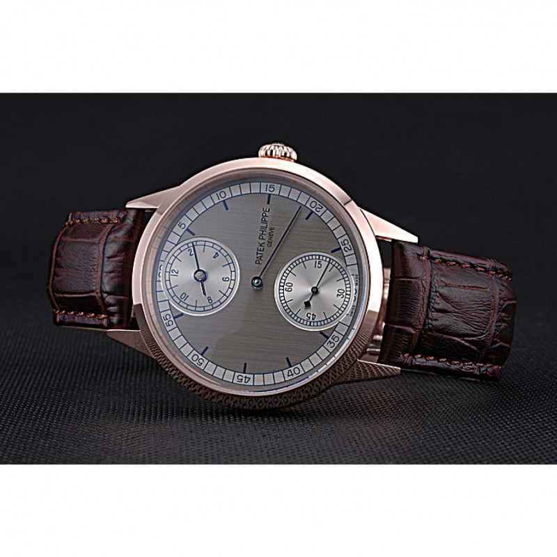 Patek Philippe Geneve Two Dial Gray Dial Rose Gold Bezel Brown Leather Band 622148-4