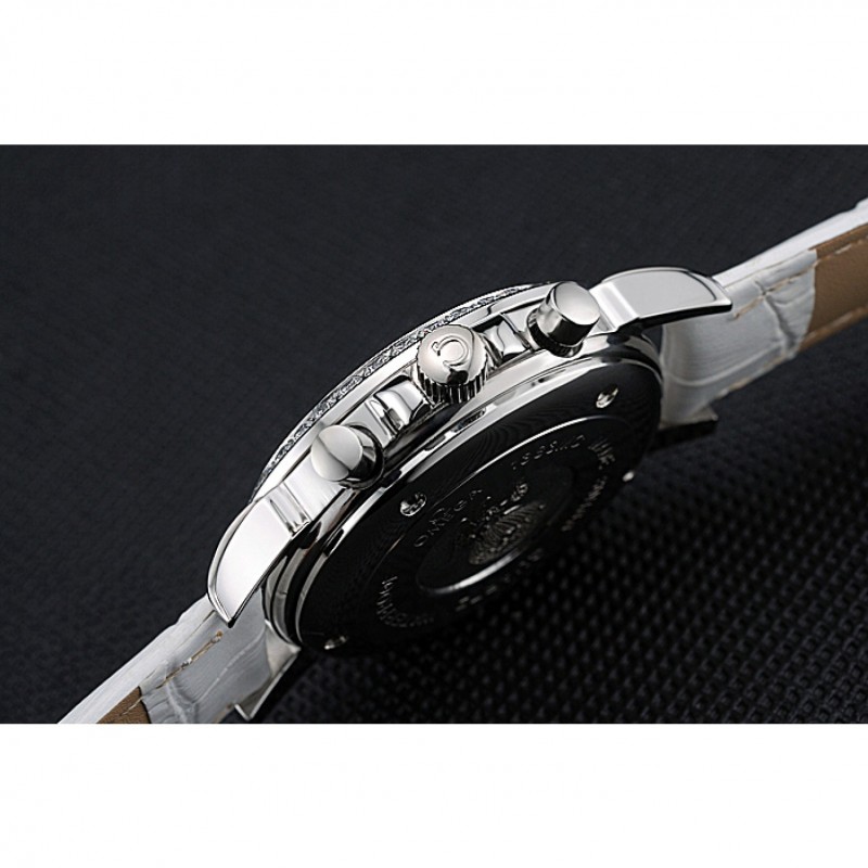 Best Omega De Ville Chronograph White Dial Stainless Steel Diamond Case White Leather Bracelet 622453-8