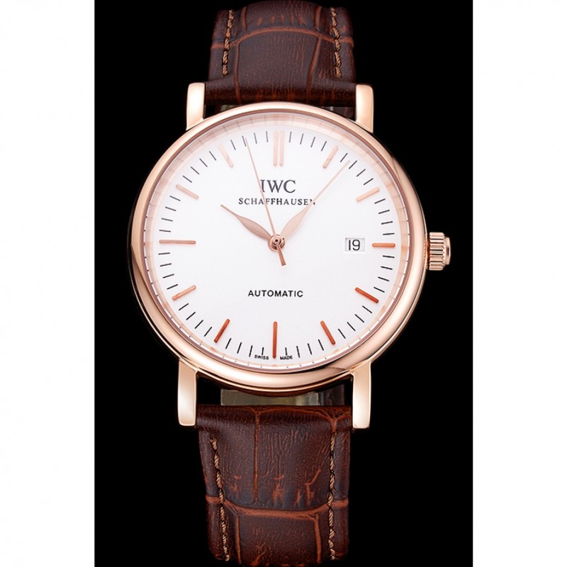 Swiss IWC Portofino Gold Case White Dial Brown Leather Bracelet 622668-1