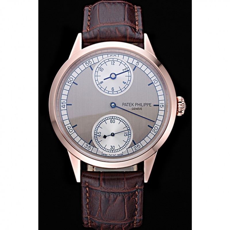 Patek Philippe Geneve Two Dial Gray Dial Rose Gold Bezel Brown Leather Band 622148-1