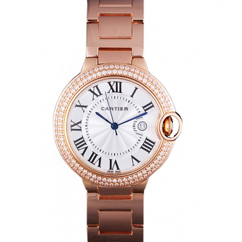 High Quality Replica Watches Cartier Ballon Bleu 42mm White Dial Diamonds Pink Gold Case And Bracelet-0