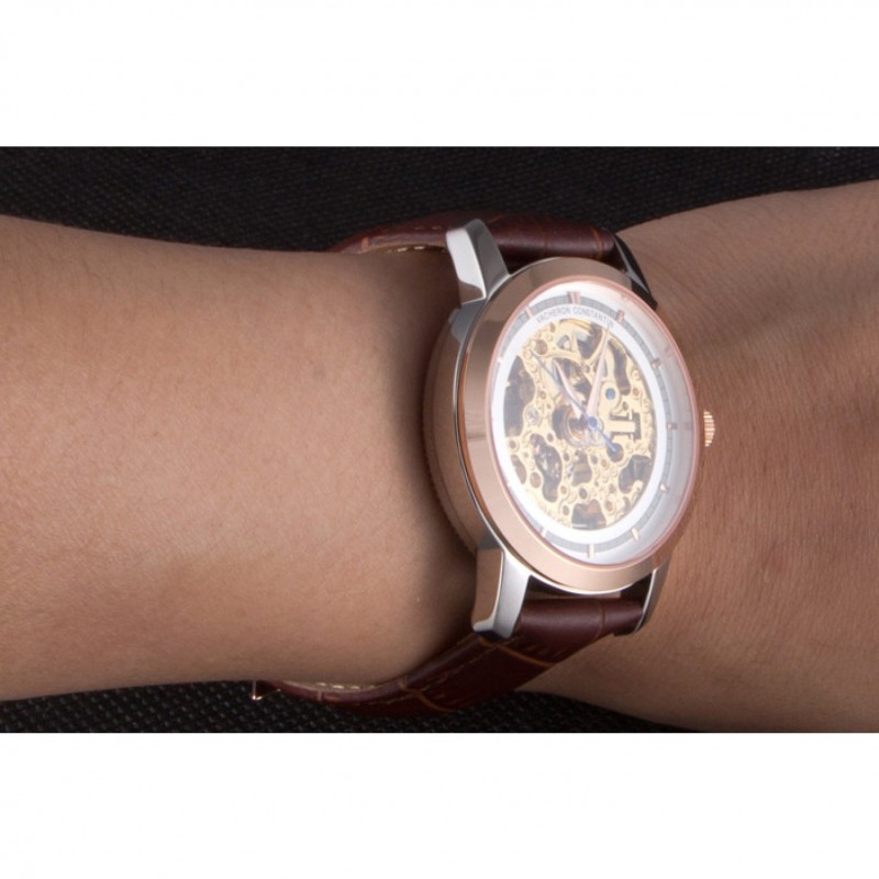 Vacheron Constantin White Skeleton Watch with Rose Gold Bezel and Brown Leather Strap 621539-8