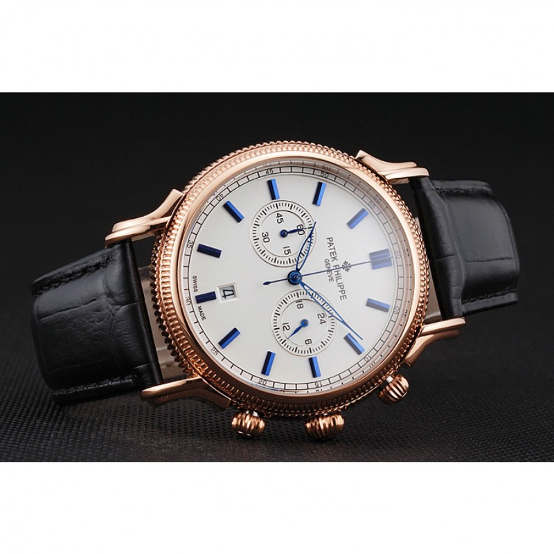 High End Replica Watches Patek Philippe Chronograph White Dial Blue Markings Rose Gold Case Black Leather Strap-4