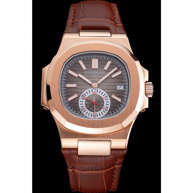 Patek Philippe Nautilus Gray Dial Rose Gold Case Brown Leather Strap-1