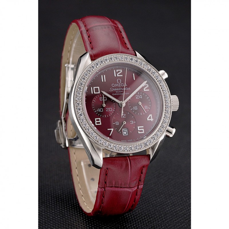 SS Replica Watches Omega Speedmaster Burgundy Dial Stainless Steel Case Diamond Bezel Burgundy Leather Strap-2