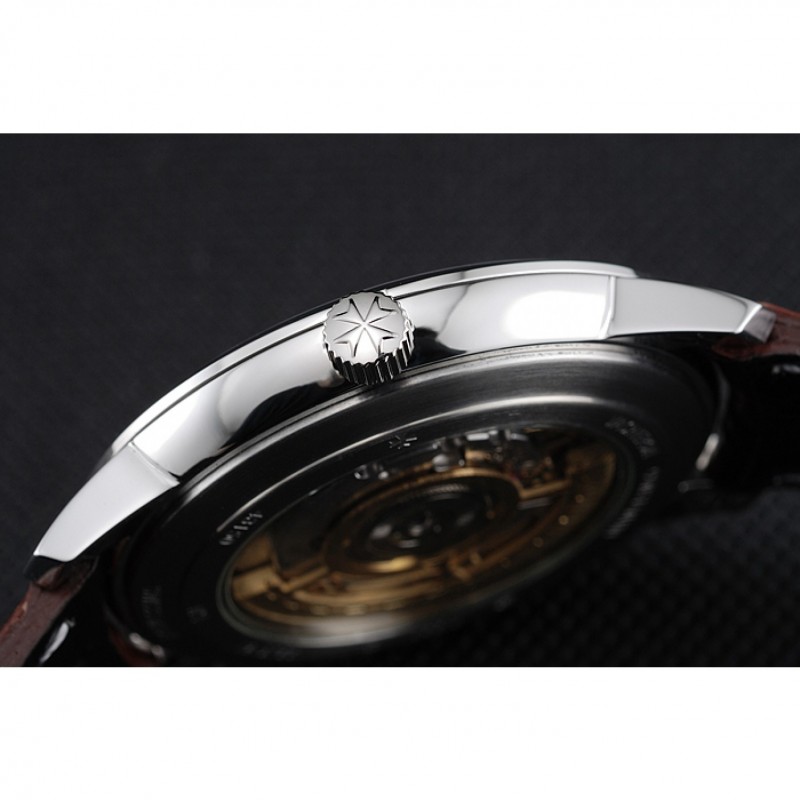 Swiss Vacheron Constantin Patrimony White Dial Silver Case Brown Leather Bracelet 1454158-8