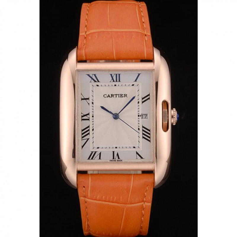 SS Cartier Tank Anglaise 36mm White Dial Gold Case Orange Leather Bracelet-1