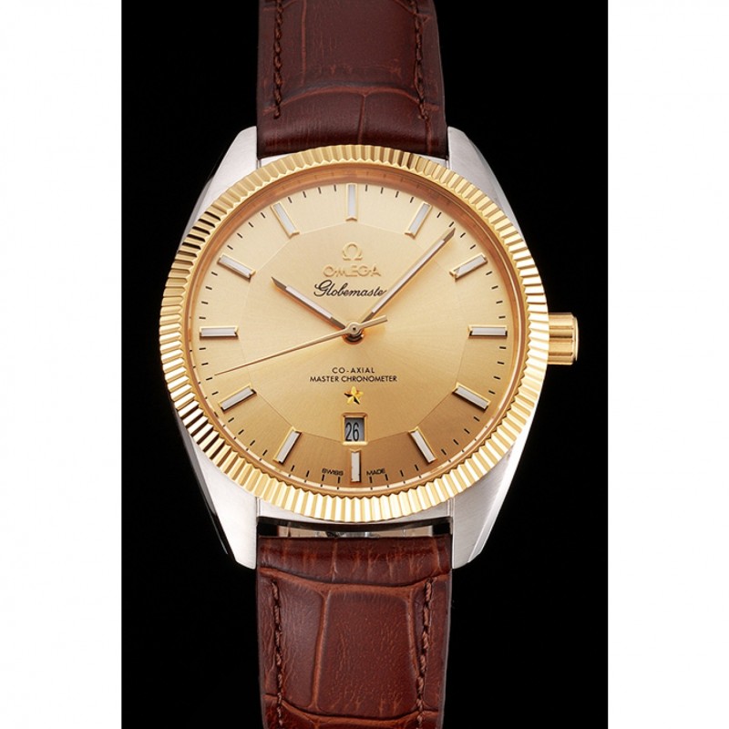 Omega Globemaster Gold Dial And Bezel Stainless Steel Case Brown Leather Strap-1