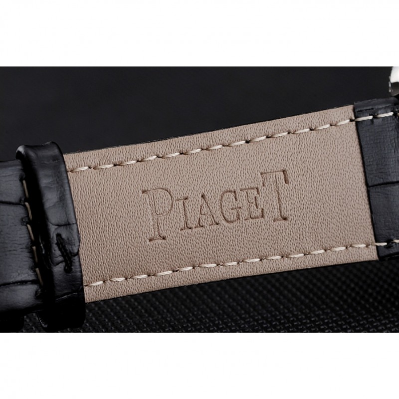 Swiss Piaget Emperador Tourbillon Skeleton Silver Diamond Case Black Leather Bracelet 1453943-5