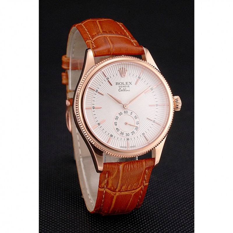 Swiss Rolex Cellini White Dial Rose Gold Case Light Brown Leather Strap-2