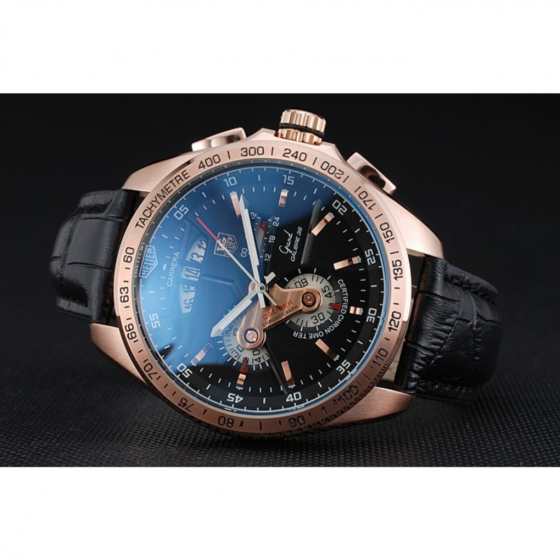 Tag Heuer Carrera Rose Gold Bezel with Black Dial and Black Leather Strap 621538-3