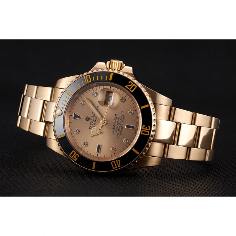 Swiss Rolex Submariner Gold Dial With Diamond Markings Black Bezel Yellow Gold Case And Bracelet-4