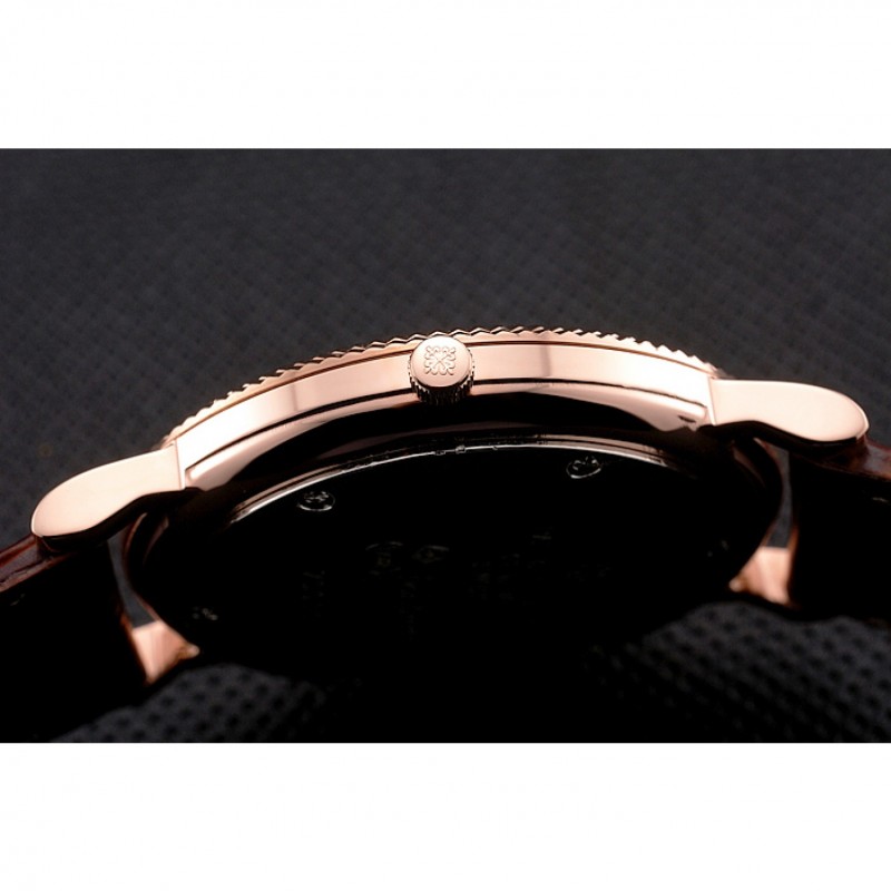 High Quality Patek Philippe Calatrava Black Dial Roman Numerals Ribbed Bezel Rose Gold Case Brown Leather Strap-8