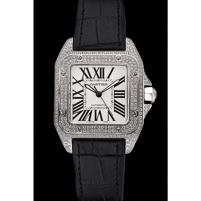 Swiss Cartier Santos Dumont Diamond Case White Dial Roman Numerals Black Leather Bracelet 622652-1