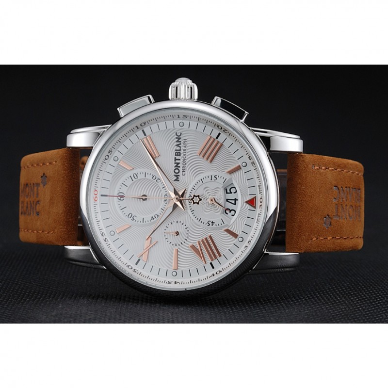 Montblanc Chronograph White Dial Brown Suede Leather Bracelet Silver Case 1454115-4
