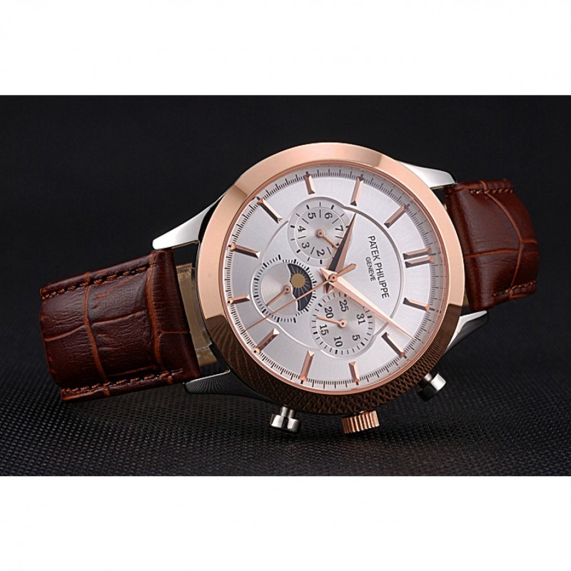 Luxury Patek Philippe Moonphase Chronograph White Dial Gold Case Brown Leather Strap 622843-3