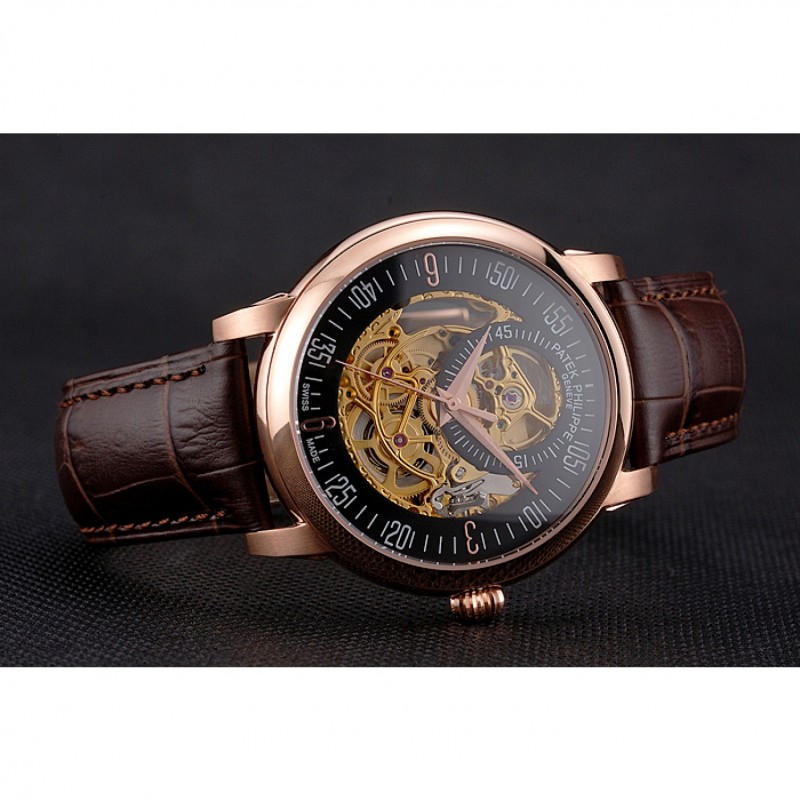 Swiss Patek Philippe Complications Openworked Dial Rose Gold Case Brown Leather Strap-3