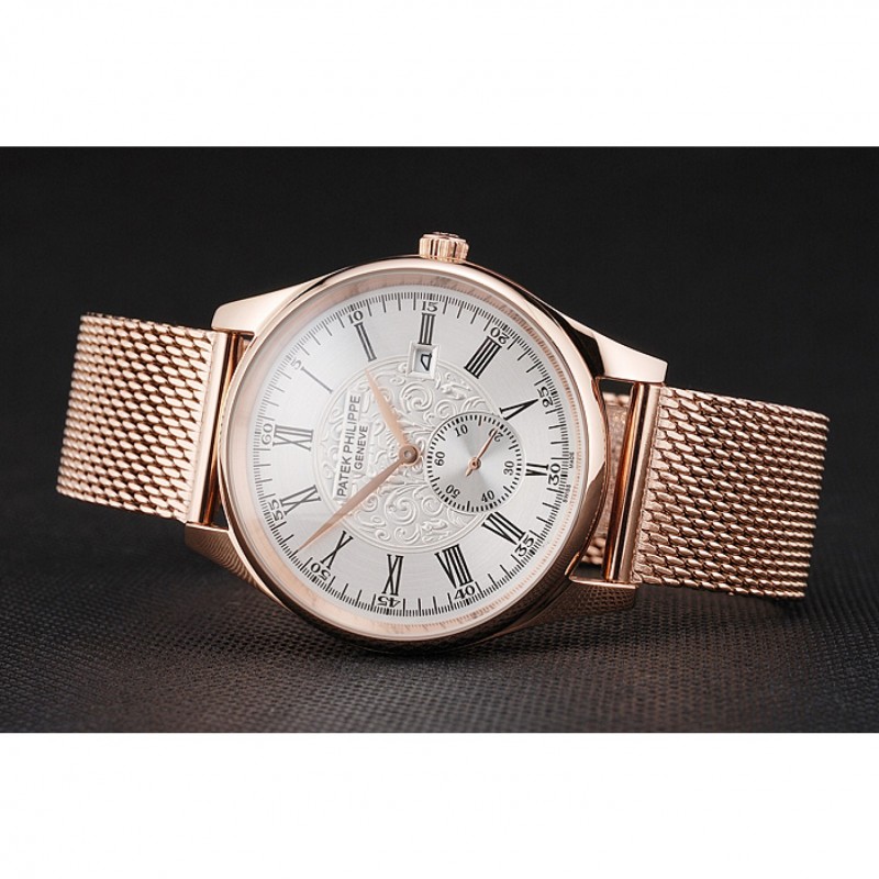 Patek Philippe Calatrava Small Seconds Silver Engraved Dial Rose Gold Case And Bracelet-2