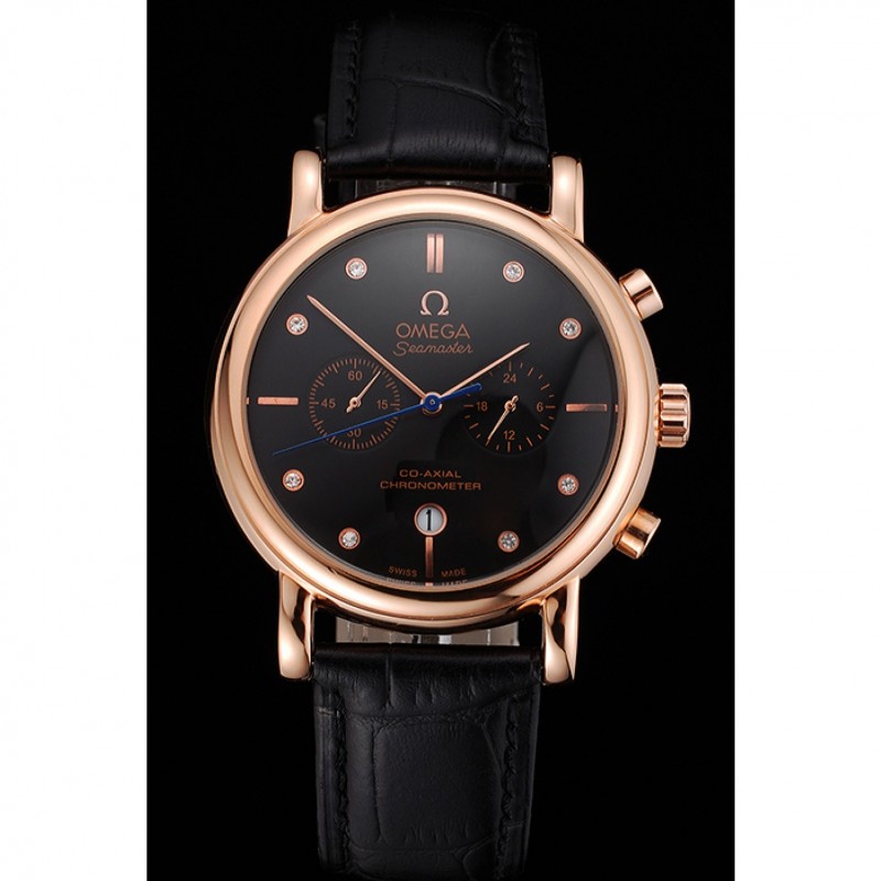 Omega Seamaster Vintage Chronograph Black Dial Diamond Hour Marks Rose Gold Case Black Leather Strap-1