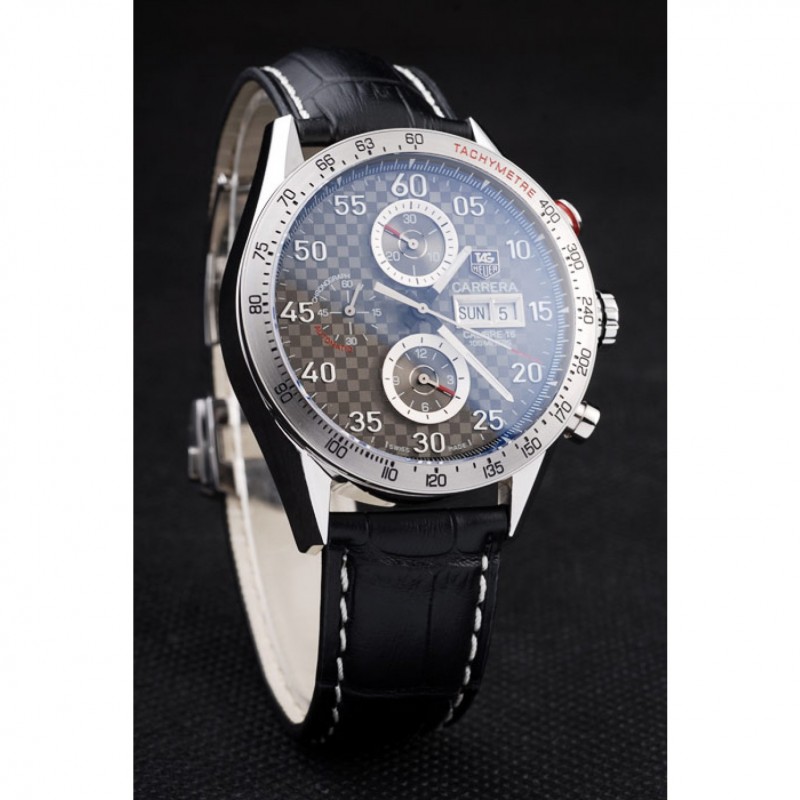 SS Replica Watches Tag Heuer Swiss Carrera Tachymeter Bezel Black Leather Strap Checkered Brown Dial-2