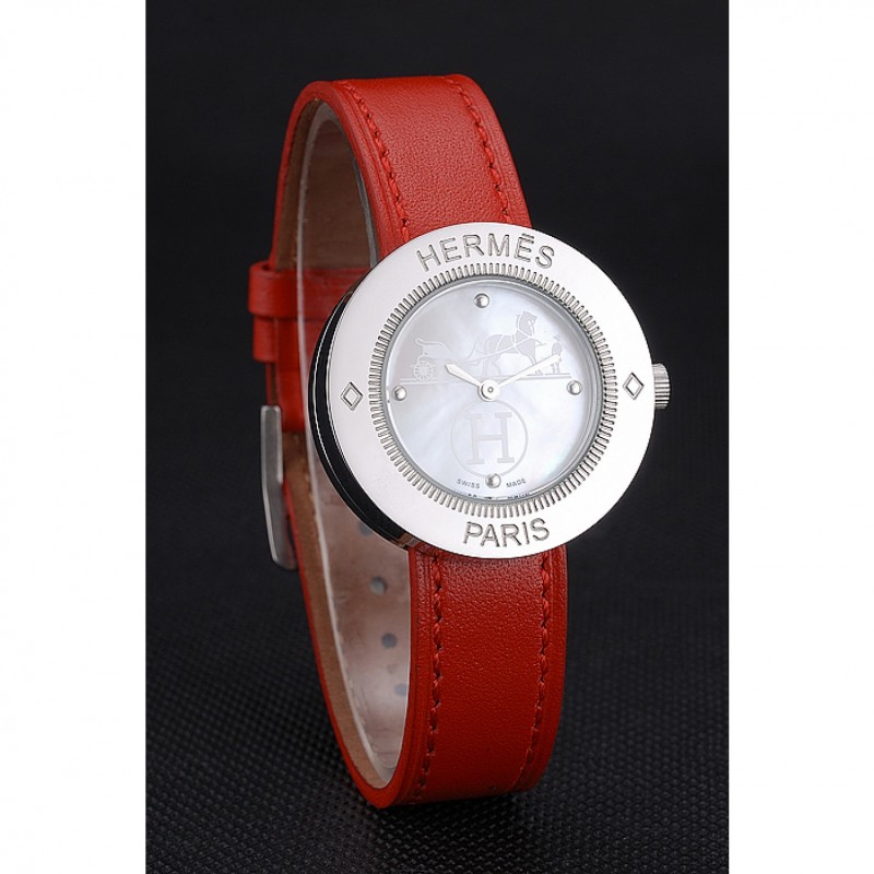 Hermes Classic MOP Dial Red Leather Strap-2