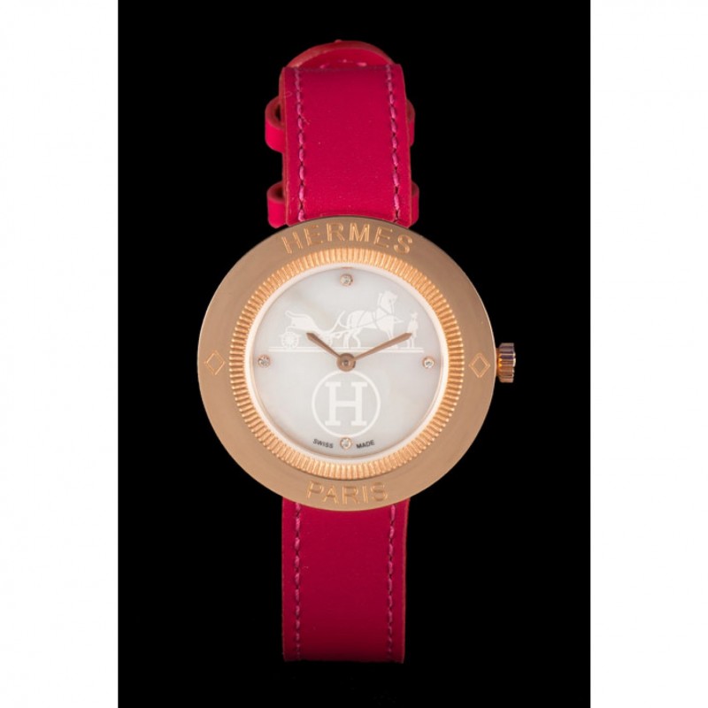 Hermes Classic MOP Dial Magenta Leather Bracelet 801388-2