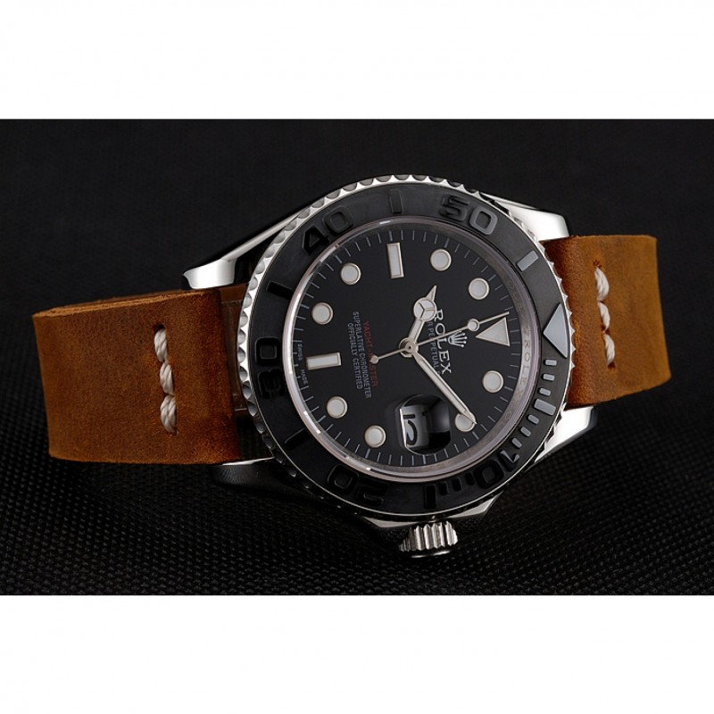 Rolex Yacht Master Black Dial Silver Case Brown Leather Bracelet 1453859-3