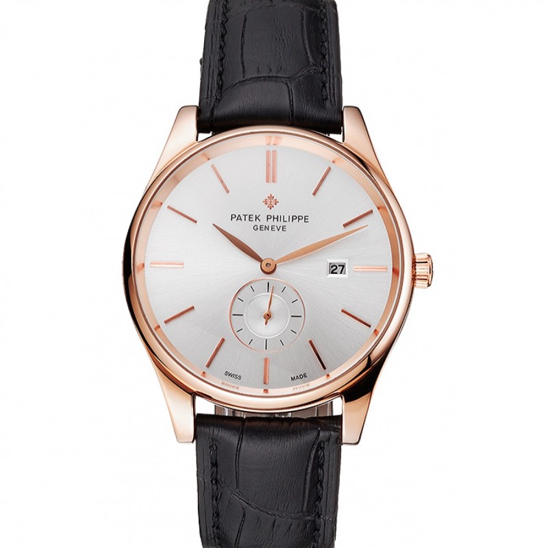 Patek Philippe Calatrava Date White Dial Rose Gold Case Black Leather Strap-0