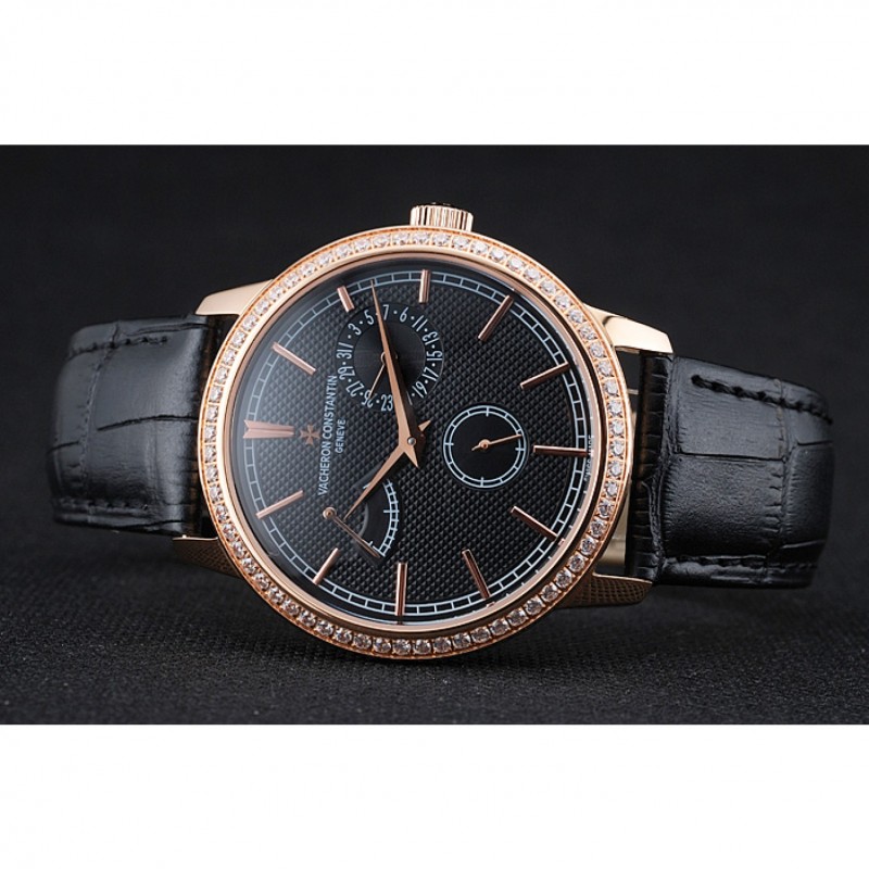Vacheron Constantin Patrimony Power Reserve Black Dial Gold Diamond Case Black Leather Bracelet 1454269-4