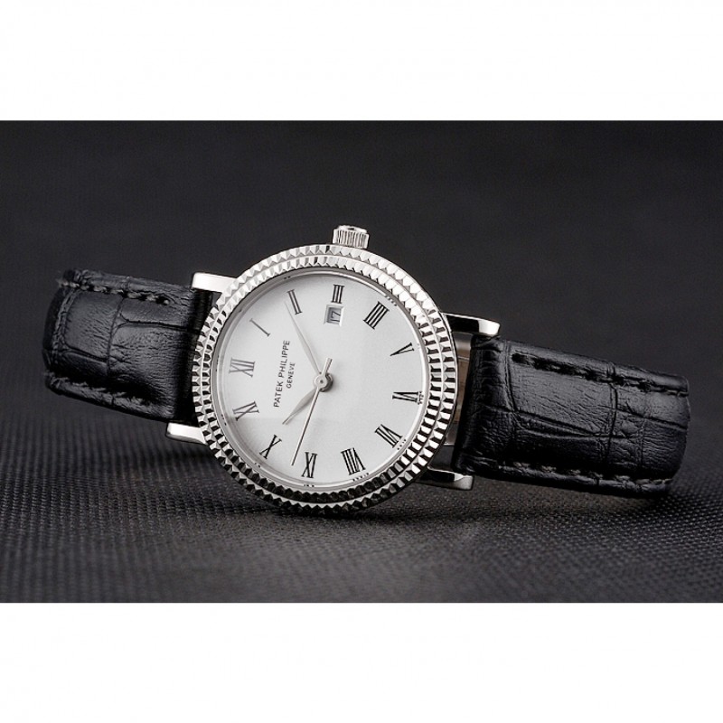 Patek Philippe Calatrava White Dial Roman Numerals Double Ribbed Bezel Stainless Steel Case Black Leather Strap-3