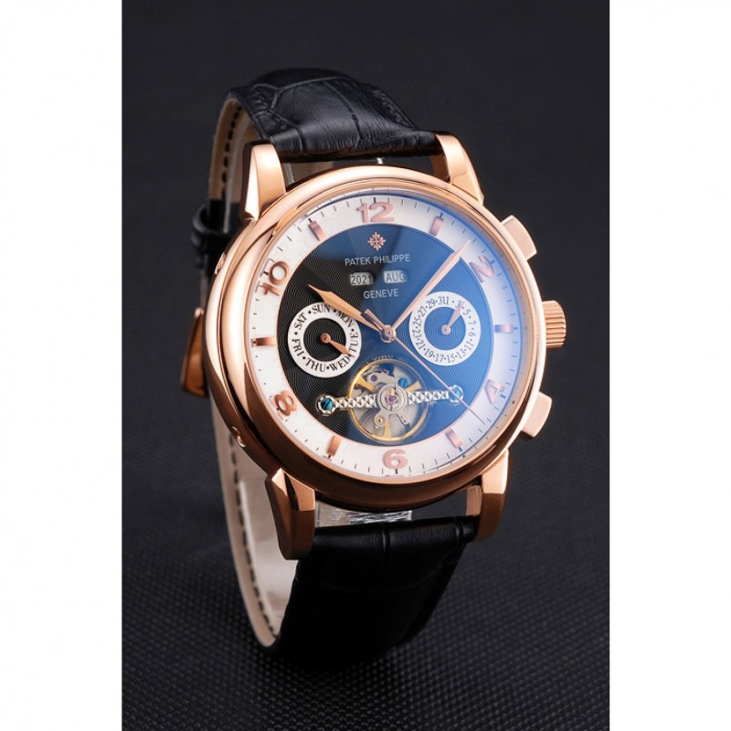 Patek Philippe Perpetual Calendar Tourbillon Black And White Dial Rose Gold Case Black Leather Strap-2