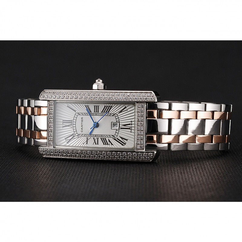 Luxury Replica Watches Cartier Tank Americaine White Dial Diamond Bezel Stainless Steel Case Two Tone Bracelet 1453778-4