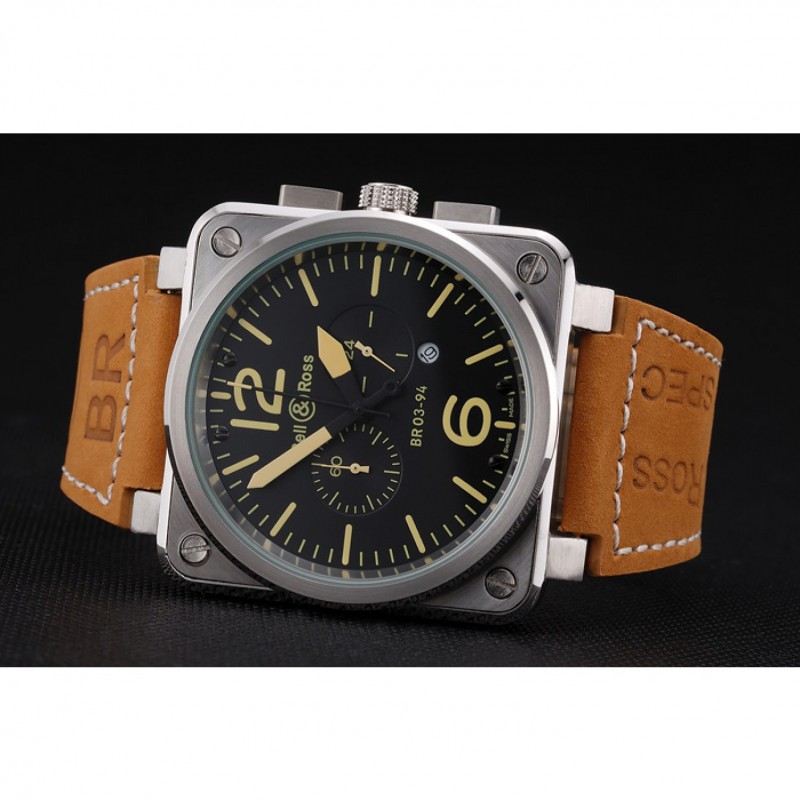 Luxury Bell and Ross BR 03-94 Black Dial Silver Case Brown Leather Strap-3