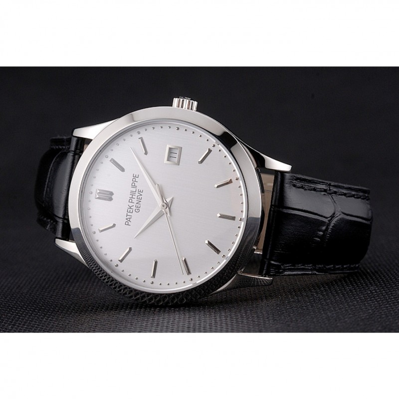 Swiss Patek Philippe Calatrava Silver Dial Stainless Steel Case Black Leather Strap-4