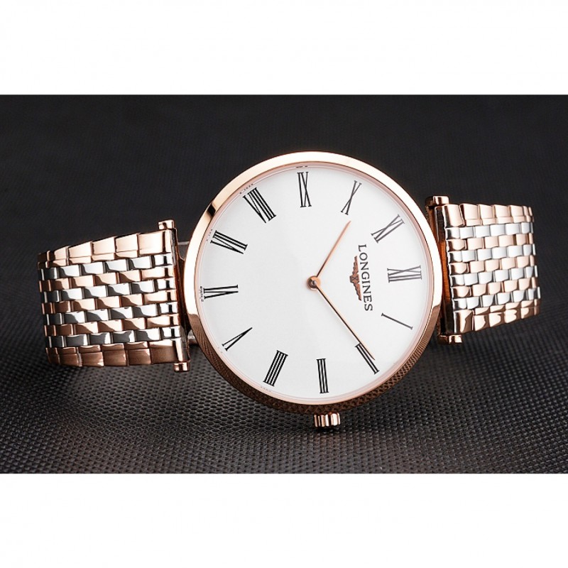 Swiss Longines Grande Classique White Dial Roman Numerals Rose Gold Case Two Tone Bracelet-3