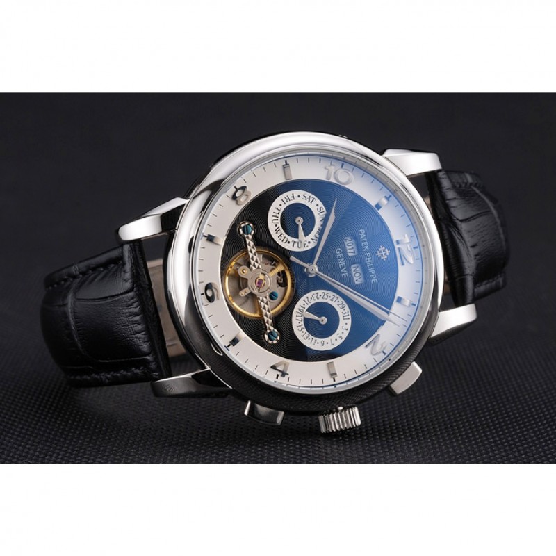 SS Replica Watches Patek Philippe Perpetual Calendar Tourbillon Two Tone Dial Stainless Steel Case Black Leather Strap-4