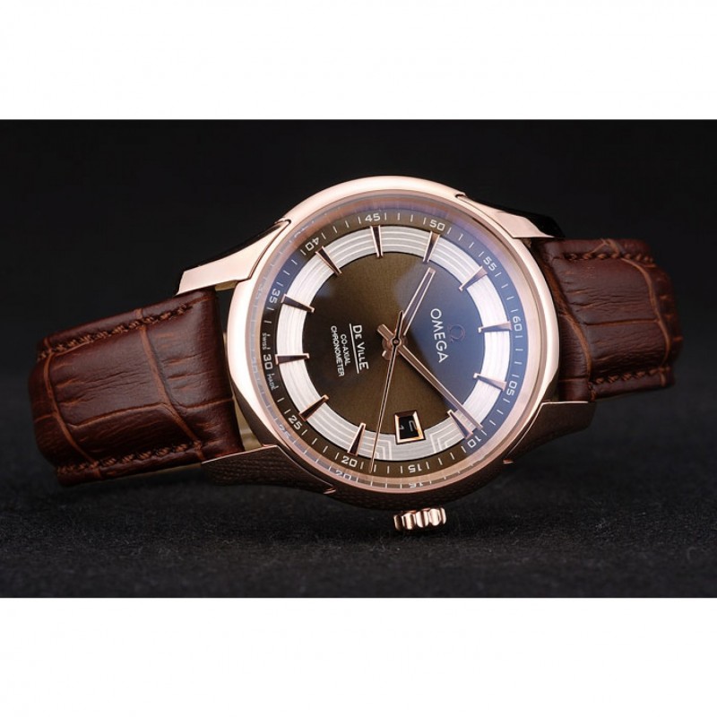 SS Omega Swiss DeVille Rose Gold Bezel Brown Leather Strap 7614-3