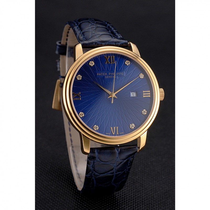 Cheap Replica Watches Patek Philippe Calatrava Date Blue Embossed Dial Gold Case Blue Leather Strap-2