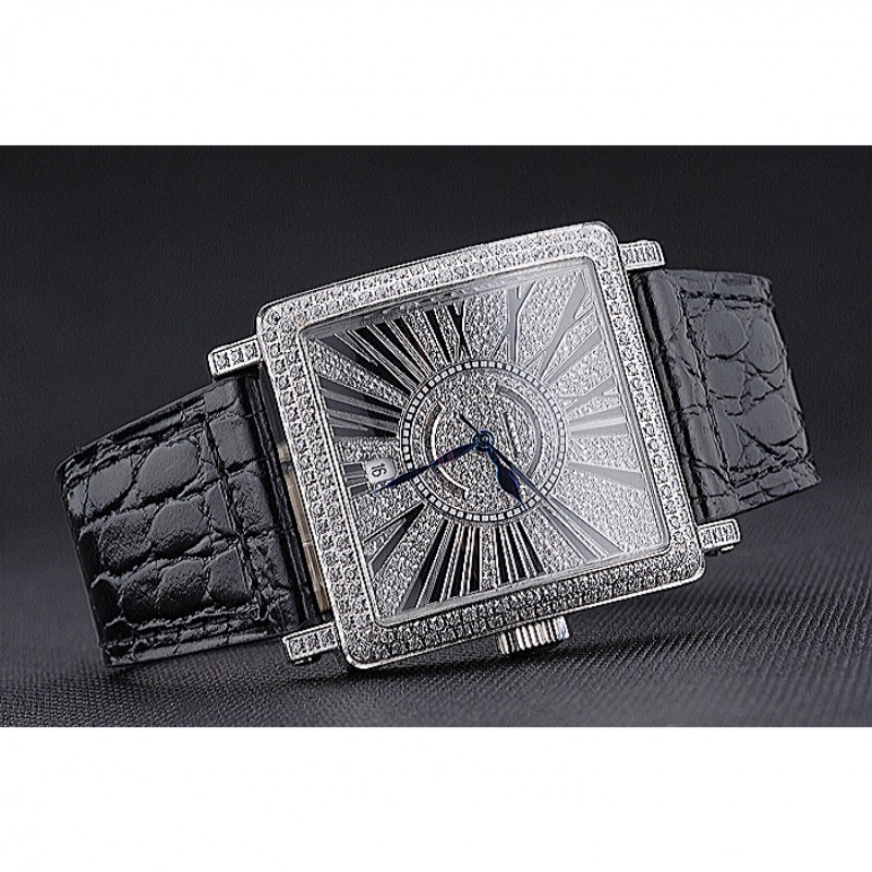 Luxury Replica Watches Franck Muller Master Square Diamonds Dial Diamonds Case Black Leather Band 622358-2