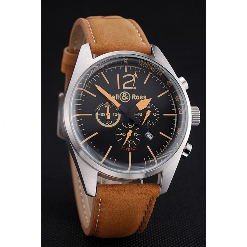 Bell and Ross BR126 Flyback Black Dial Silver Case Gold Numerals Brown Suede Leather Strap-2