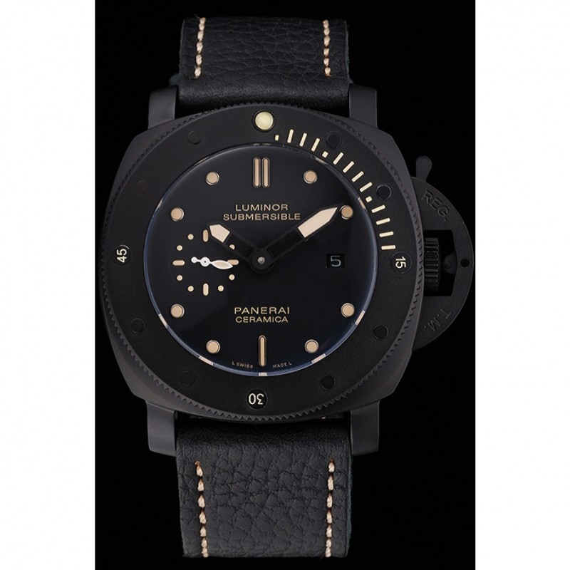 SS Panerai Luminor Submersible Black Dial Black Case Black Leather Strap-1