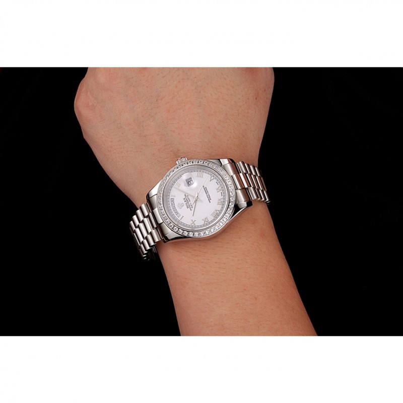 Cheap Swiss Rolex Day-Date White Dial Diamond Case Stainless Steel Bracelet 1453967-8